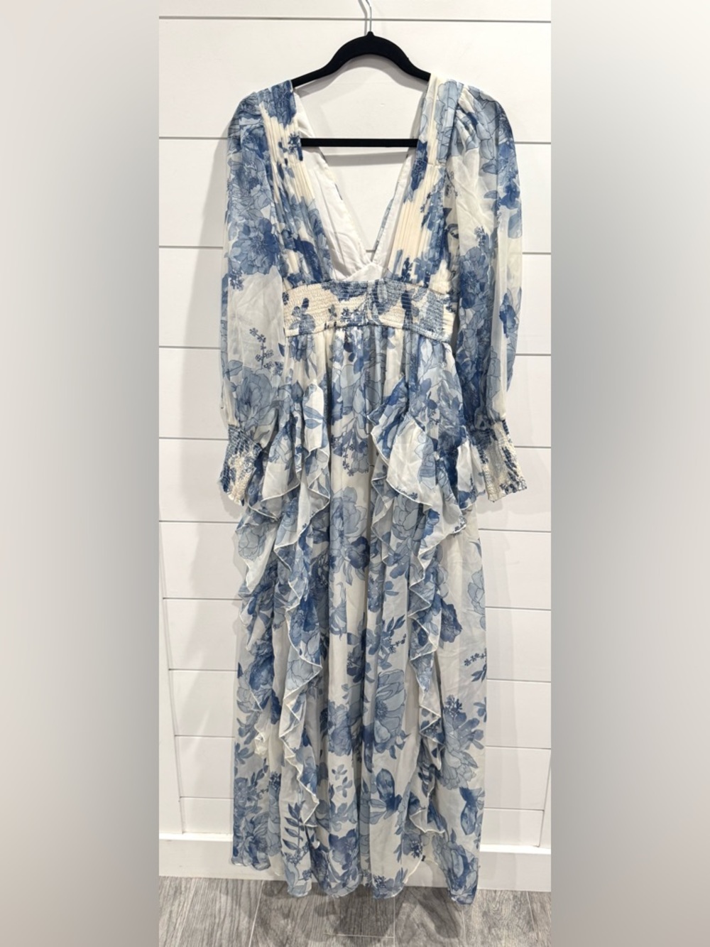 Bhldn white blue floral long sleeve chiffon maxi dress - Picture 9 of 9
